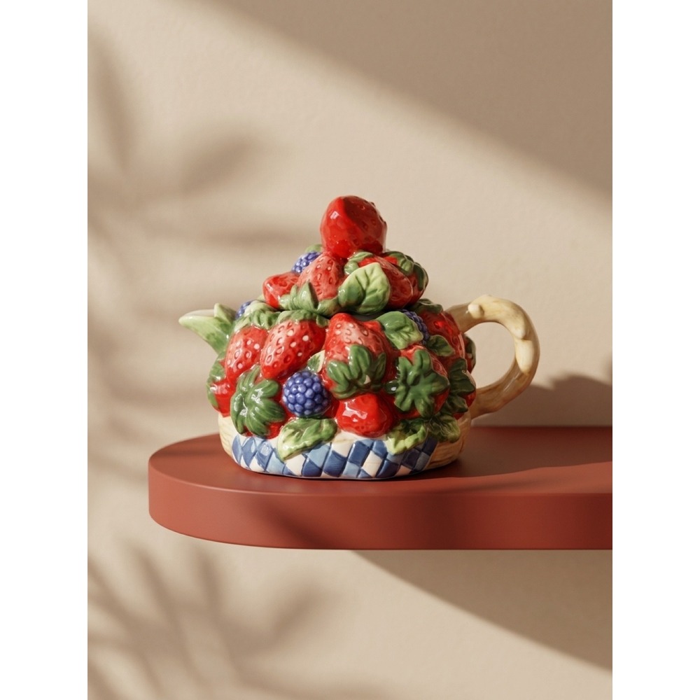 Vintage Strawberry & Blueberry Basket Ceramic Teapot Cottagecore Kitchen Decor